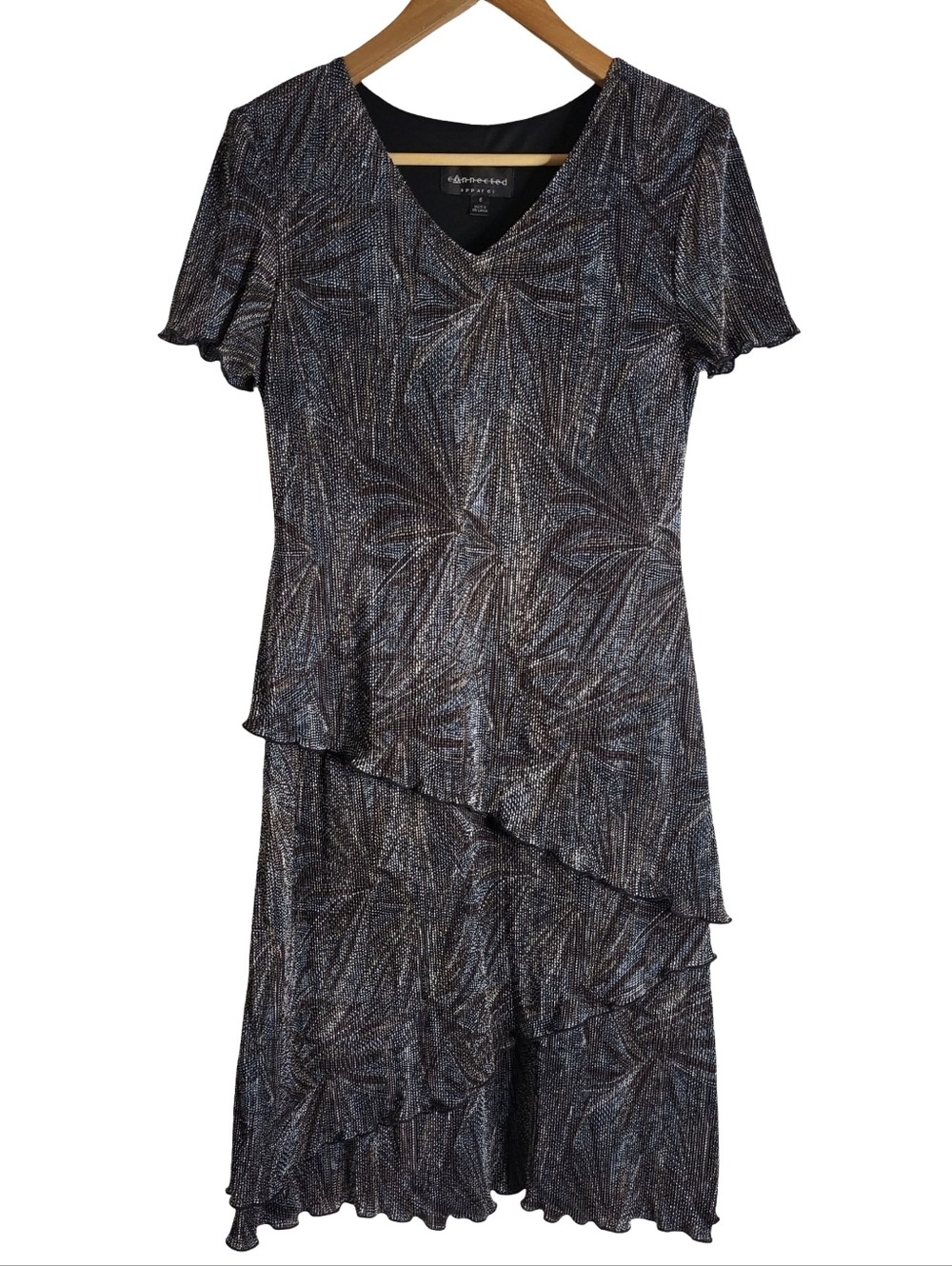 connected apparel Black and Silver Metallic Asymmetrical Midi Dress